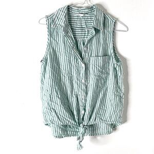 beachlunchlounge Green White Stripe Tie Front Button Shirt